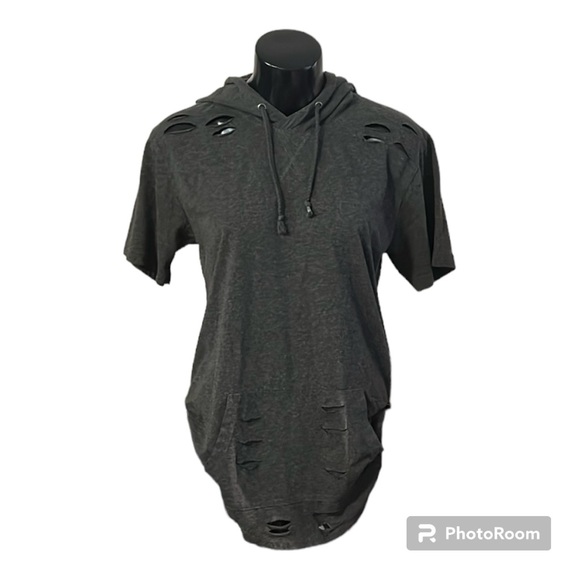 2/$14 💀 | Grunge Short Sleeve Hoodie | Grey | Black Label | Men’s Small - Picture 3 of 4